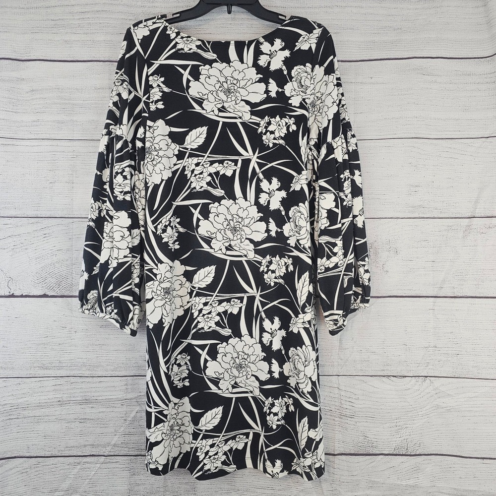 bryn WALKER L Large Lantern Long Sleeve Dress Black & White Floral NWT $210 L803 - Picture 4 of 8